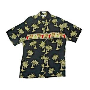 Pierre Cardin Men's Shirt Button Up Sz Med Palm Trees Tropical Drinks Black Tan